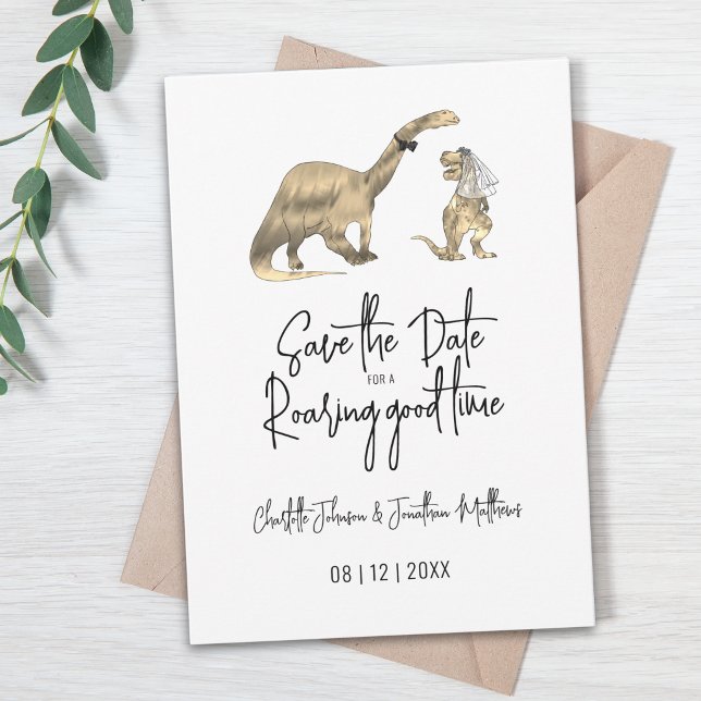 Funny Dinosaur Wedding Save The Date (Funny Dinosaur wedding save the date card Brontosaurus groom T-Rex bride)
