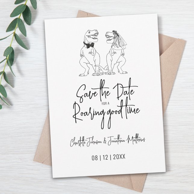 Funny Dinosaur Wedding Save The Date (save the date for a roaring good time funny dinosaur wedding T-Rex bride and groom simple line art)