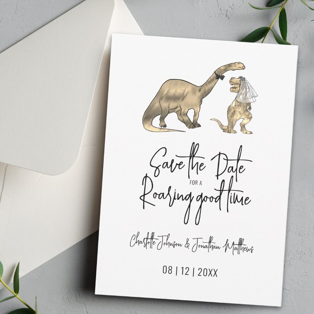 Funny Dinosaur Wedding Save The Date (Funny T-Rex bride and Brontosaurus groom Dinosaur wedding save the date for a roaring good time card)