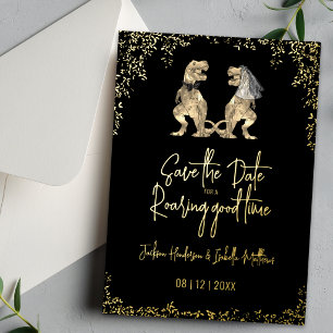 Funny Dinosaur Wedding Save the Date Black Gold