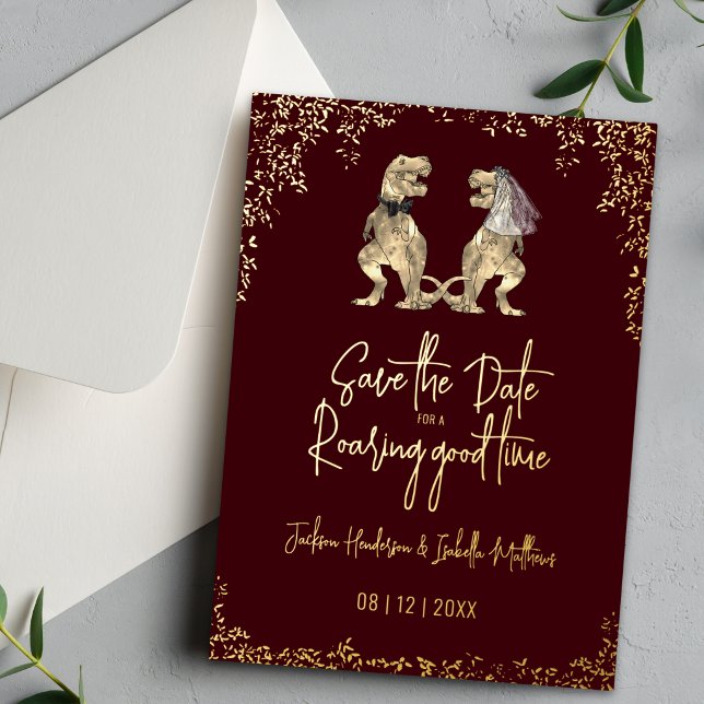 Funny Dinosaur Wedding Save the Date Burgundy Gold (Funny dinosaur T-Rex bride and groom burgundy gold foil wedding save the date card)