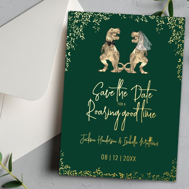 Funny Dinosaur Wedding Save the Date Gold (Funny Dinosaur wedding save the date green & gold foil invitation)