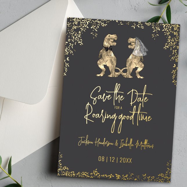 Funny Dinosaur Wedding Save the Date Gray Gold (Save the date for a roaring good time funny dinosaur wedding invite card Charcoal gray gold foil)