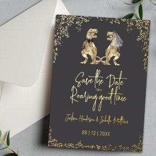 Funny Dinosaur Wedding Save the Date Grey Gold