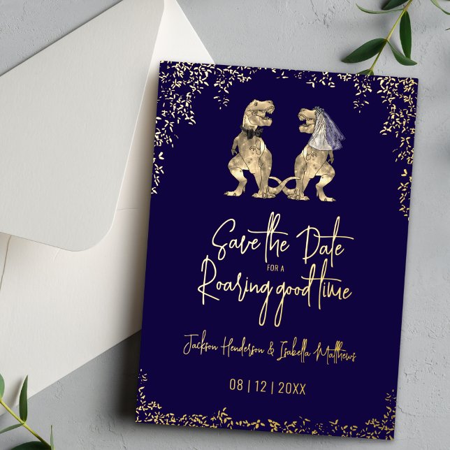 Funny Dinosaur Wedding Save the Date Navy Gold (Funny dinosaur T-Rex bride and groom navy blue gold foil wedding save the date card)