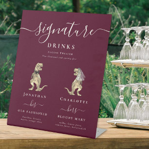 Funny Dinosaur Wedding Signature Drinks Bar Pedestal Sign