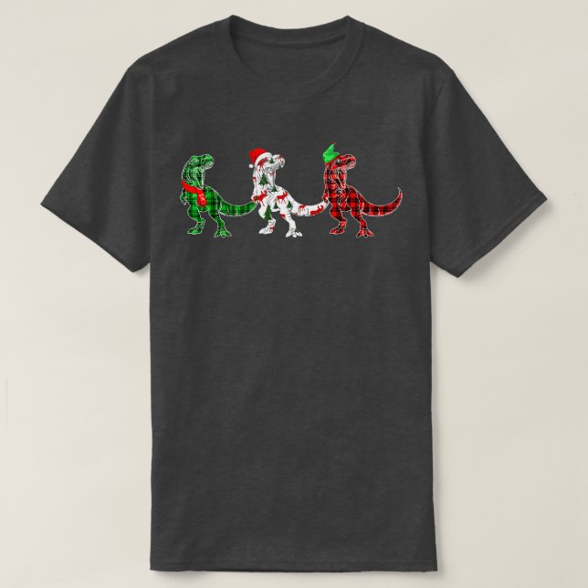 Funny Dinosaur Xmas Tree Lights Red Plaid T Rex Ch T-Shirt (Design Front)