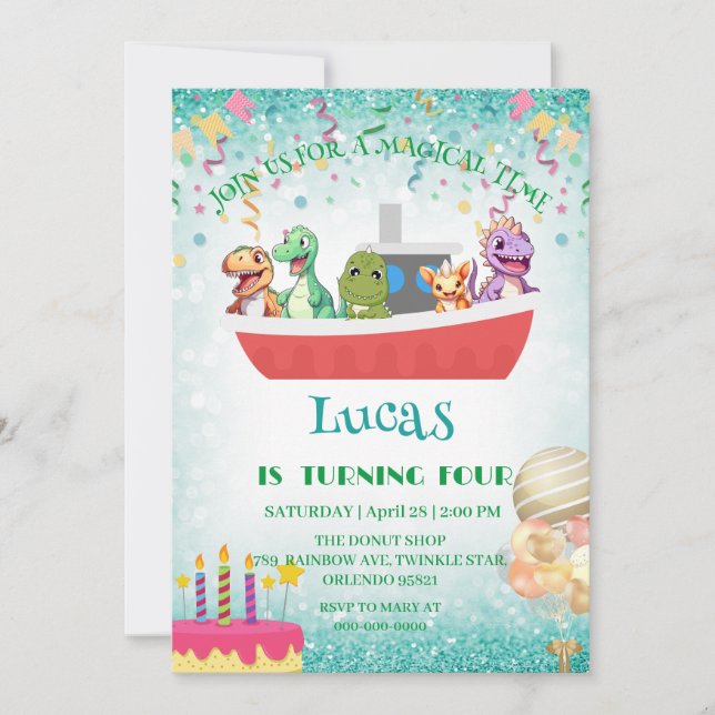 Funny dinosaur Yacht Birthday party DIY Name Holiday Card (Front)