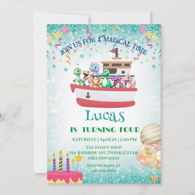 Funny dinosaur Yacht Birthday party DIY Name Invitation (Front)