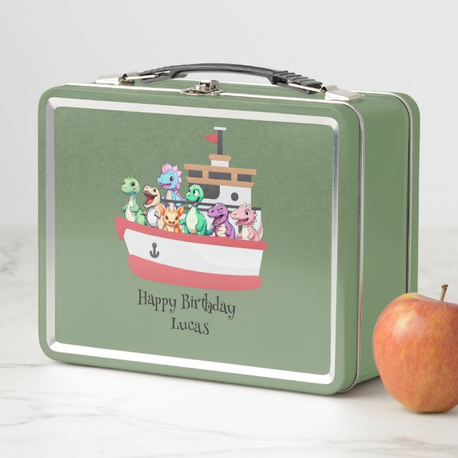 Funny dinosaur Yacht Birthday party DIY Name Metal Lunch Box (In Situ)