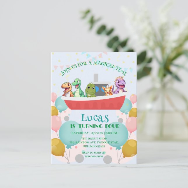 Funny dinosaur Yacht Birthday party DIY Name Postcard (Standing Front)