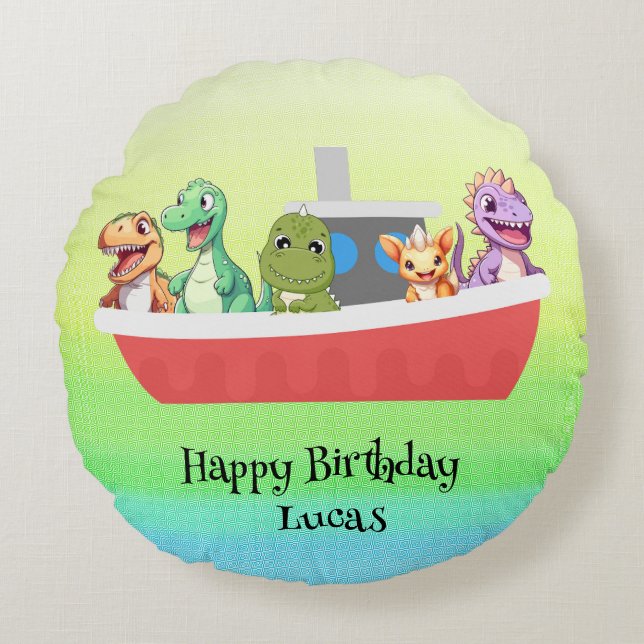 Funny dinosaur Yacht Birthday party DIY Name Round Cushion (Front)