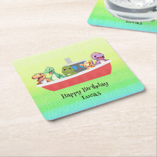 Funny dinosaur Yacht Birthday party DIY Name Square Paper Coaster