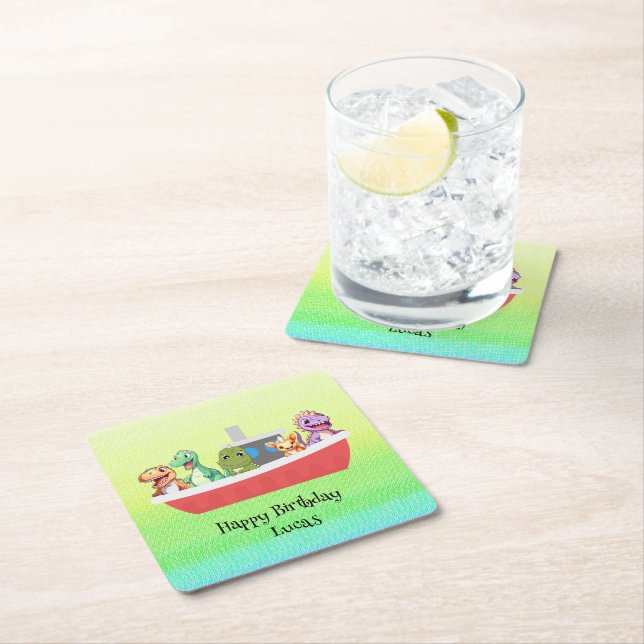 Funny dinosaur Yacht Birthday party DIY Name Square Paper Coaster (Insitu)