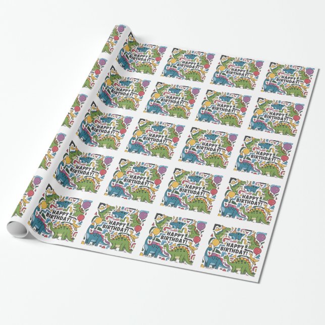 Funny Dinosaurs and Balloons Happy Birthday Wrapping Paper (Unrolled)
