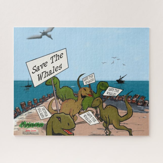 Funny Dinosaurs Protest "Save the Whales" Cartoon Jigsaw Puzzle (Horizontal)