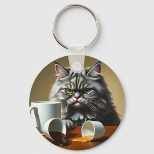 Funny Disappointed Cat With Coffee Mug Key Ring