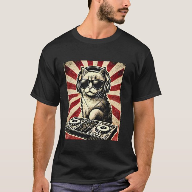 Funny DJ Cat Disco Sound Tech T-Shirt (Front)