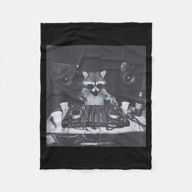 Funny Dj Raccoon House Party Sound Tech Music Tras Fleece Blanket (Front)