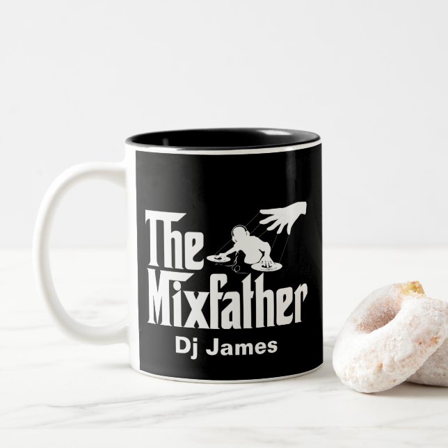 Funny DJ  The Mixfather  Disk Jockey Remix Two-Tone Coffee Mug (With Donut)