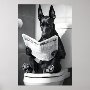 Funny Doberman Bathroom Print, Dog Reading Poster