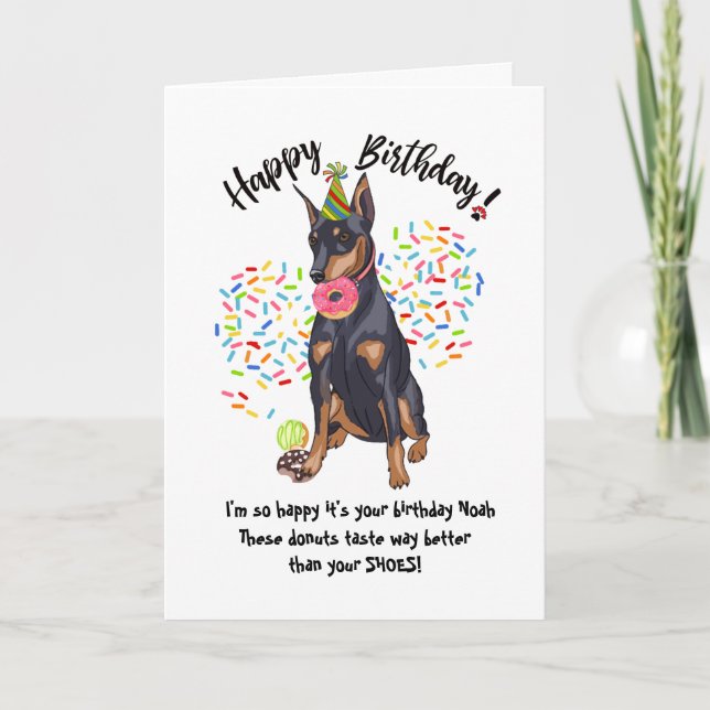 Funny Doberman Birthday Card Doughnuts (Front)