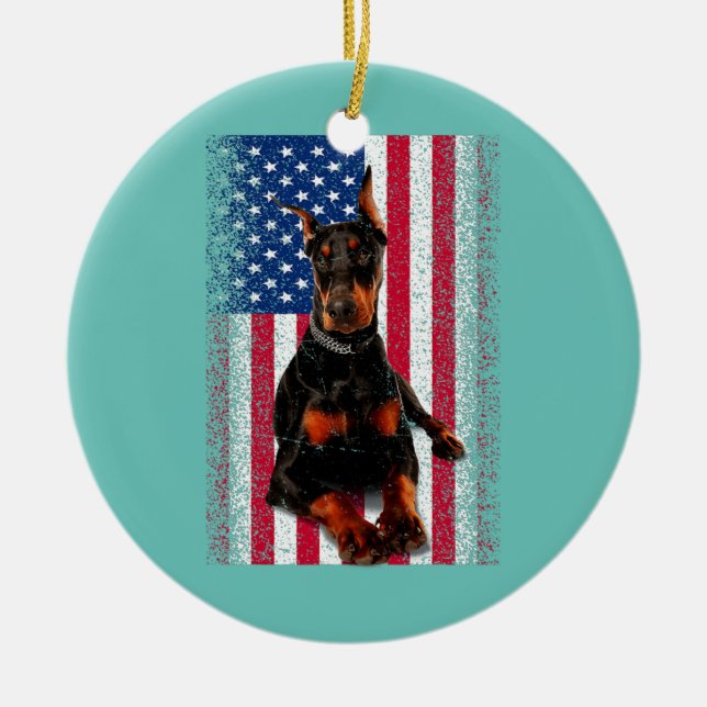 Funny Doberman Dog American Flag Patriotic Happy Ceramic Ornament (Front)