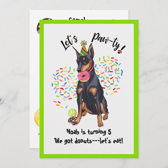 Funny Doberman Doughnut Birthday Party Invite (Front/Back)