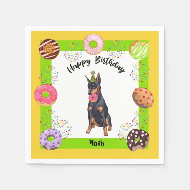 Funny Doberman Doughnut Birthday Party Napkin (Front)