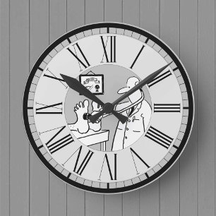 Funny Doctor with Stethoscope Checking Feet. Round Clock