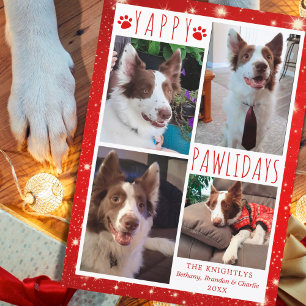 Funny Dog 4 Photo Collage YAPPY PAWLIDAYS Red Holiday Card