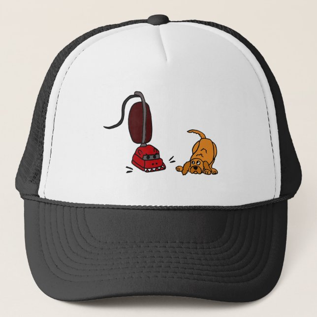 Funny Dog Afraid of Vacuum Cleaner Trucker Hat (Front)