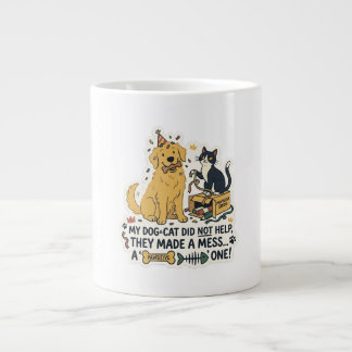 Funny Dog and Cat Messy Cute Pet Illustration Coff Large Coffee Mug