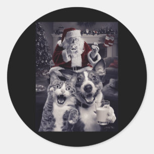 Funny Dog And Cat Selfie With Santa Christmas Classic Round Sticker