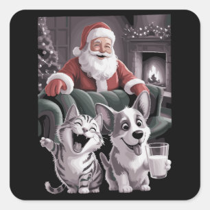 Funny Dog and Cat Selfie With Santa Christmas Square Sticker