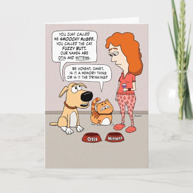 Funny Dog and Cat Worried About Owner Birthday Card (Front)