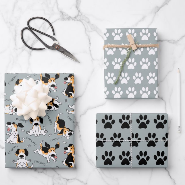 Funny Dog and Paw Prints Wrapping Paper Set of 3 (Front)