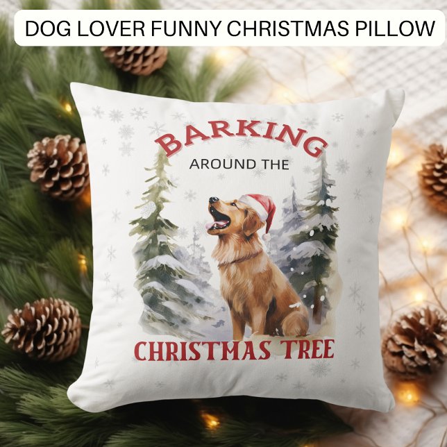 Funny Dog Barking Around Christmas Tree Cushion (Creator Uploaded)