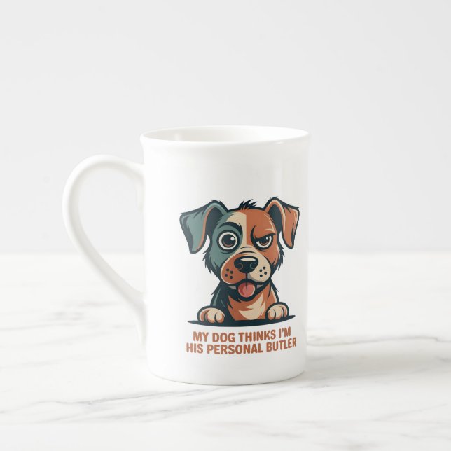 Funny Dog Butler Quote Illustration Bone China Mug (Left)
