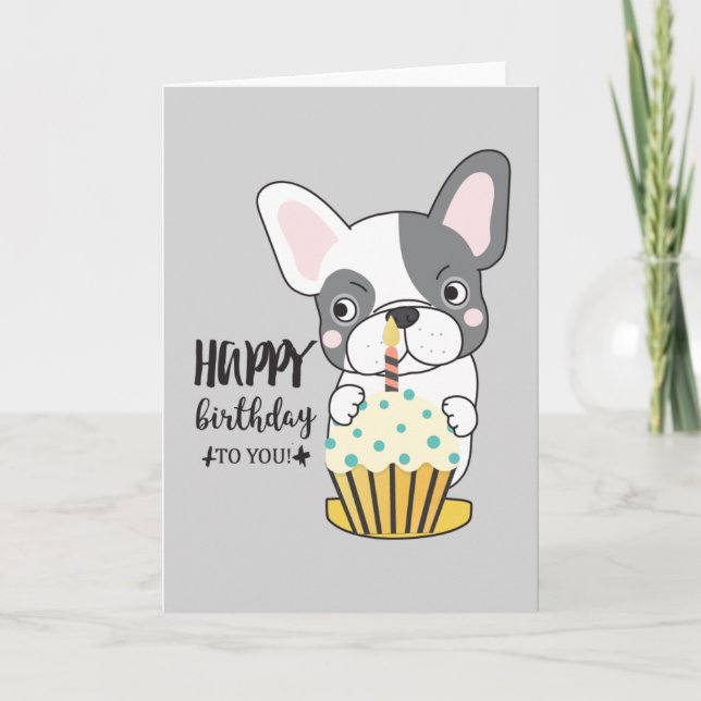 Funny Dog Cartoon Cupcake Candle Happy Birthday Card (Front)