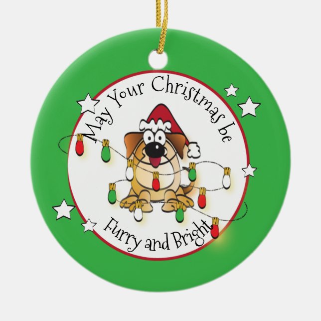 Funny Dog Cartoon Modern Bright Christmas  Ceramic Ornament (Front)