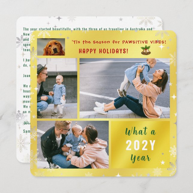 Funny Dog Cat 4 Photos Happy Holidays Cute Golden Holiday Card (Front/Back)