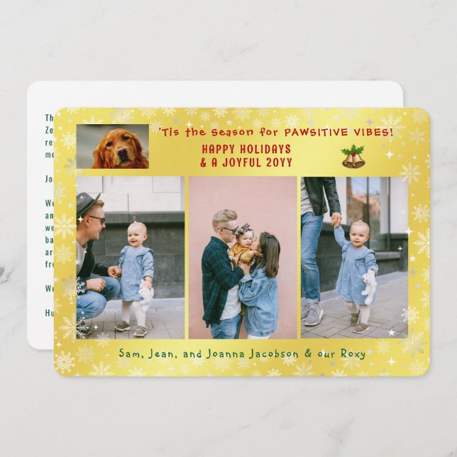 Funny Dog Cat 4 Photos Minimalist Elegant Golden Holiday Card (Front/Back)