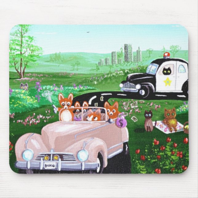 Funny Dog Cat Art Corgi Cop Police Car Creationart Mouse Pad (Front)