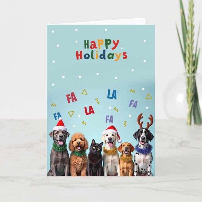 Funny Dog Cat Choir Happy Holidays Card (Front)