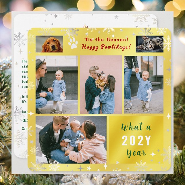 Funny Dog Cat Happy Pawlidays Photos Golden Holiday Card (Funny Cute Happy Pawlidays Dog Cat Pet Photos & 4 Family Photos What a Year Letter Snowflakes Golden)