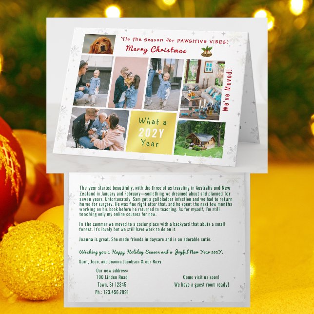 Funny Dog Cat Modern 7 Photos Collage We've Moved  Holiday Card (Funny dog Christmas card, pawsitive humor. 7 Photos. We've moved letter. Elegant, modern. Cute Snow)
