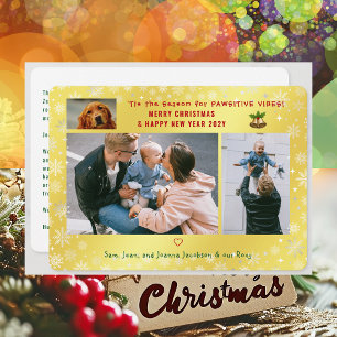 Funny Dog Cat Pawsitive 3 Photos Minimalist Golden Holiday Card