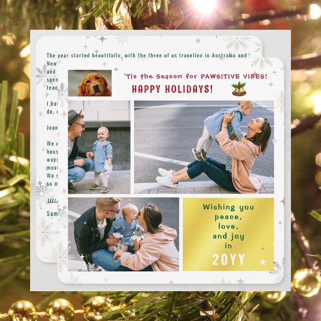 Funny Dog Cat Peace Love Joy 4 Photos Cute Modern Holiday Card (Elegant Cute Funny Pawsitive Vibes Pet Dog Happy Holidays 4 Photos Peace Love Joy Snowflakes Letter)