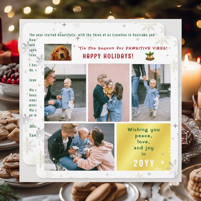 Funny Dog Cat Peace Love Joy 5 Photos Elegant Holiday Card (Elegant Cute Funny Pawsitive Vibes Pet Dog Happy Holidays 5 Photos Peace Love Joy Snowflakes Letter)